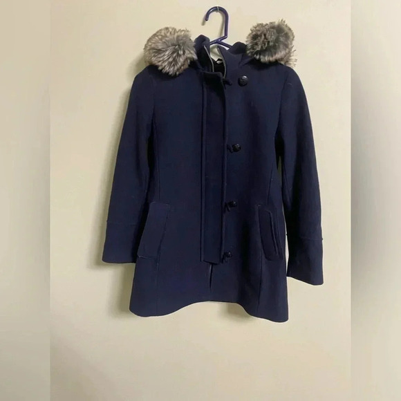 Banana Republic Wool Jacket Pea Coat Mario Bellucci Size XXS Petite Navy Fur Zip - Picture 1 of 10